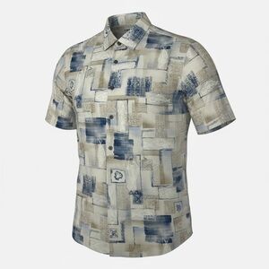 Campia Moda 100% Rayon Beige Short Sleeve Button Down Shirt Tropical size Medium